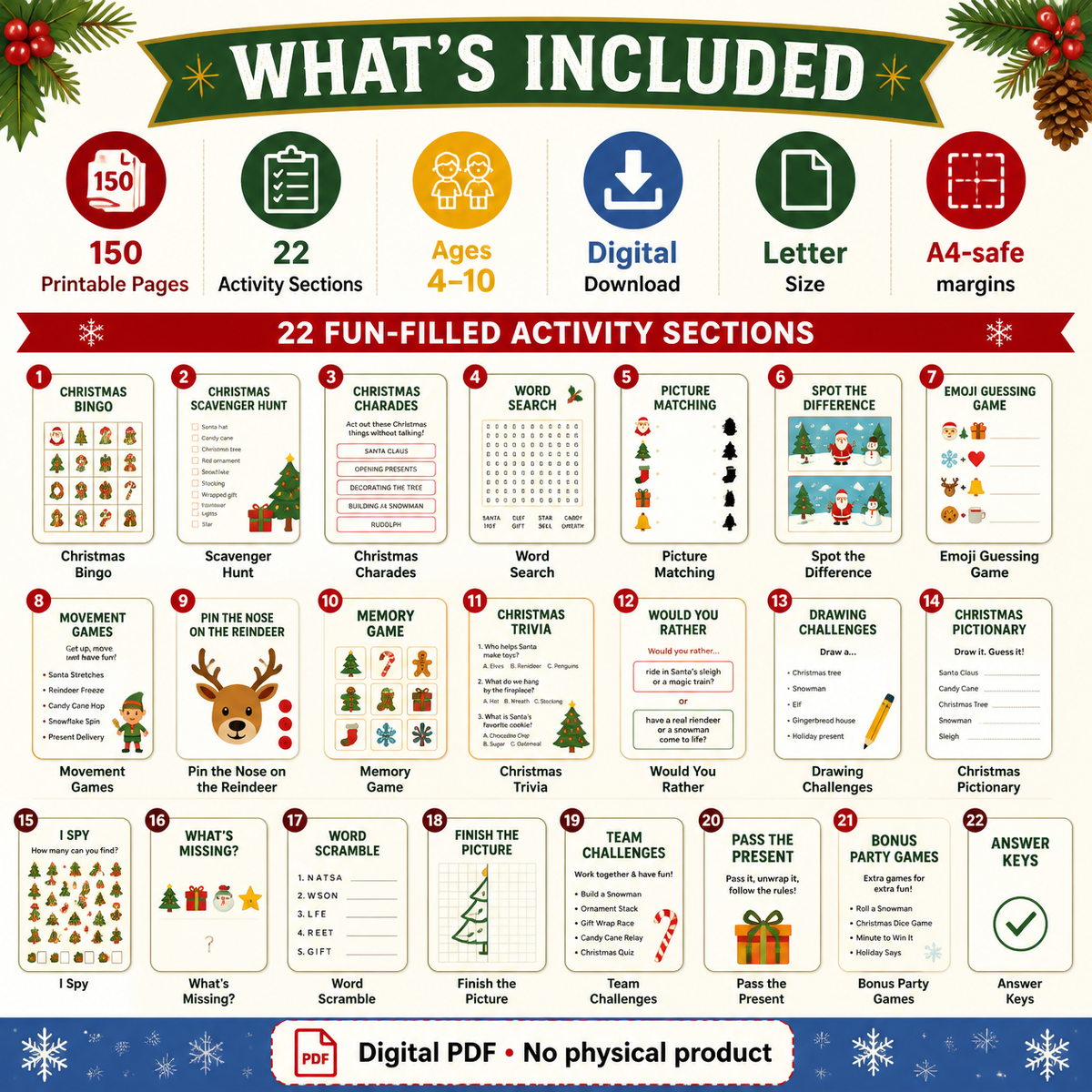 Christmas Party Games for Kids, 150-Page Printable Activity Bundle, Ages 4–10