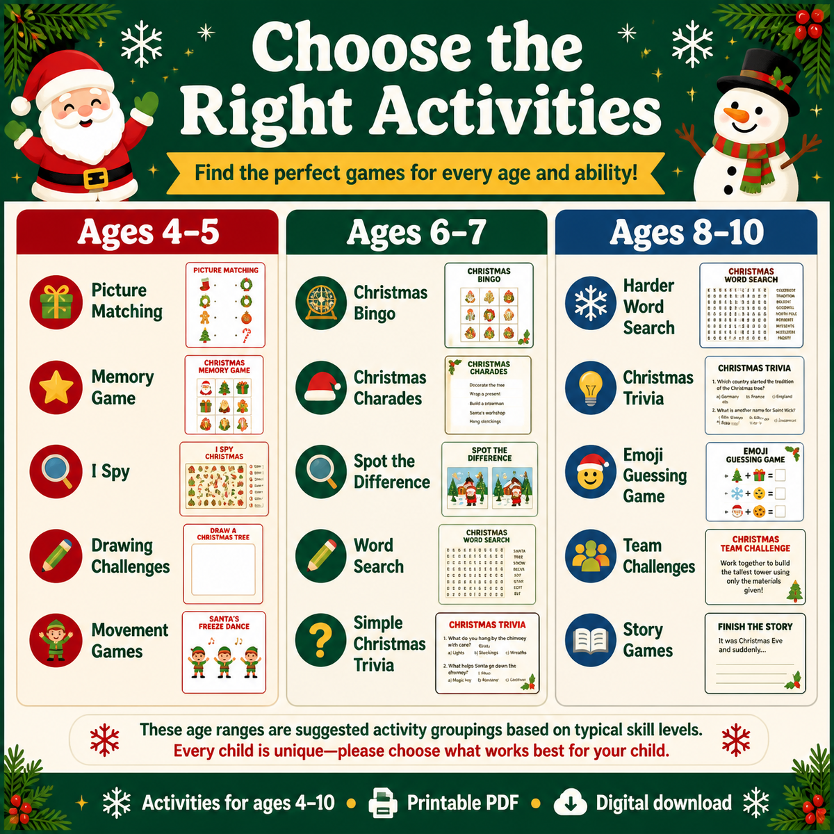 Christmas Party Games for Kids, 150-Page Printable Activity Bundle, Ages 4–10