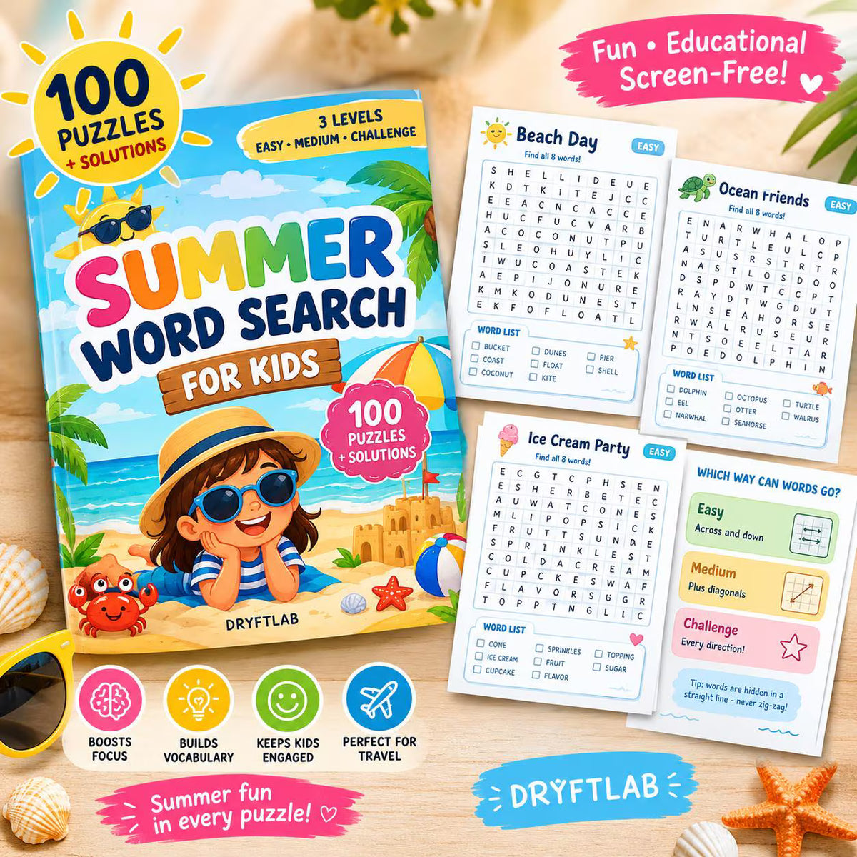 Summer Word Search for Kids: 100 Printable Puzzles, 3 Levels & Answer Keys