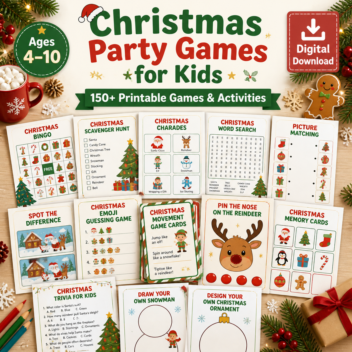 Christmas Party Games for Kids, 150-Page Printable Activity Bundle, Ages 4–10