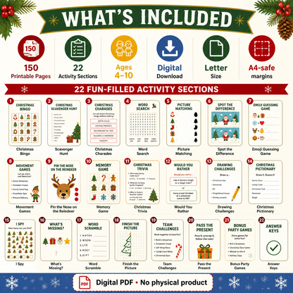Christmas Party Games for Kids, 150-Page Printable Activity Bundle, Ages 4–10