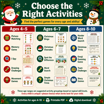 Christmas Party Games for Kids, 150-Page Printable Activity Bundle, Ages 4–10