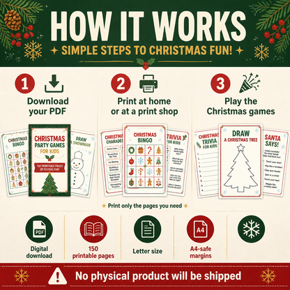 Christmas Party Games for Kids, 150-Page Printable Activity Bundle, Ages 4–10