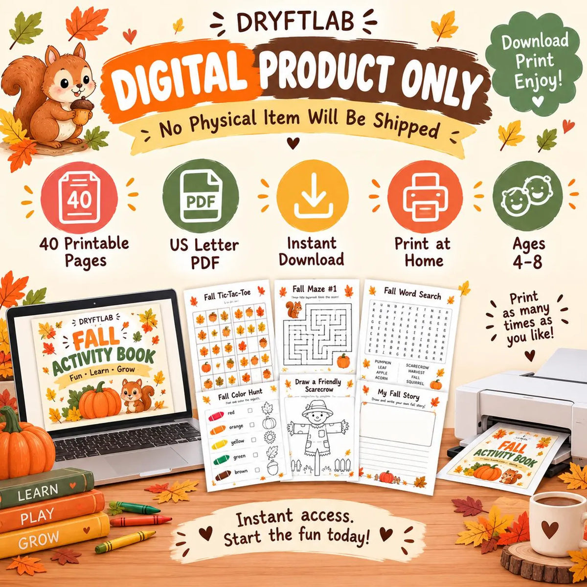 Fall Preschool Kindergarten Activity Packet, Fall Kids Activity, Homeschool Printable, Preschool Fall Worksheets, Autumn Activity Workbook