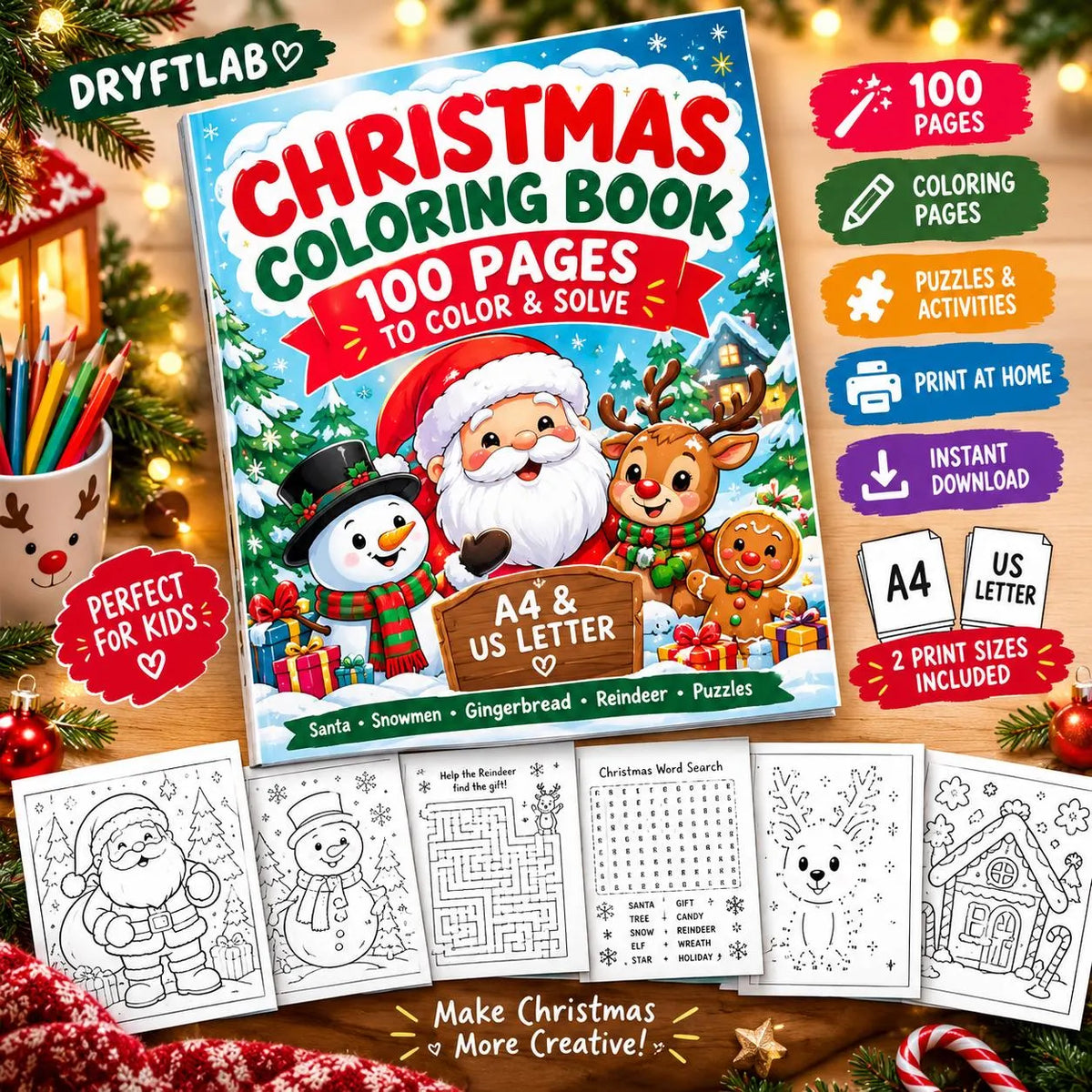 Christmas Coloring Book for Kids, 100 Pages, A4 & US Letter PDF